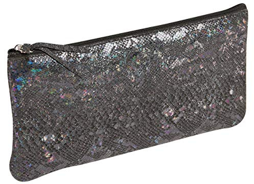 Clairefontaine 410016C - Trousse Scolaire Plate Noire motif Serpent 22x11 cm en Véritable Cuir d'Agneau - Fourniture Scolaire - Trousse Crayons de Couleurs - Etui à Crayons - Porte-Plume