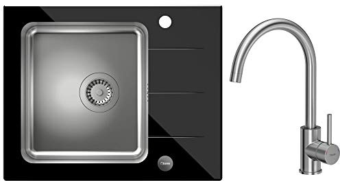VBChome Glasspüle 62 x 50 Spülbecken mit Armatur Spüle Einbauspüle schwarz Glas inkl. Ablaufgarnitur gehärtetes Spüle mit Gebürstete Edelstahl Becke