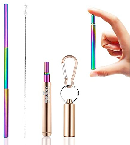 Envirix Pajitas telescópicas Reutilizables Pajitas de Arco Iris de Metal de Acero Inoxidable Pajitas de Beber Plegables de Grado alimenticio Conjunto portátil de Llavero con Estuche de Aluminio