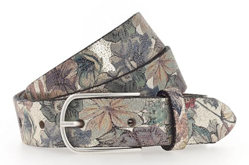 Vanzetti Mädchengürtel, Leder, silberne Glitzeroptik mit Blumen, Breite: 2,5 cm