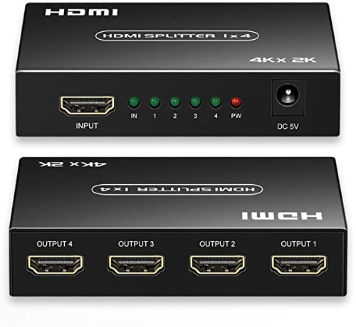 HDMI Splitter 1 in 4 Out, 1x4 HDMI Splitter Support 4K@60Hz Full HD 1080P & 3D, Compatible with Xbox PS3/4 Roku Blu-Ray Player