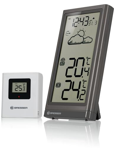 Bresser Stazione meteo radio con sensore esterno Meteo Temp, termometro con indicatore di temperatura per interni ed esterni, previsioni meteo, con base pieghevole e supporto da parete, grigio