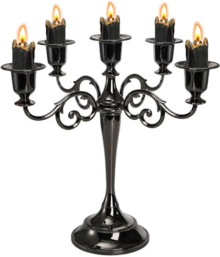 YOUEON 5 Arms Candelabra, 26.4 cm Tall Glossy Black Candlestick Holder, Gothic Candelabra Candle Holder for 2.5 cm Diameter Pillar Candles, Centerpiece for Wedding, Church, Fireplace, Halloween