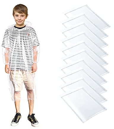 QSWY Disposable Rain Ponchos Kids (10 Pack), Transparent Waterproof with Hoods and Sleeves Carrying Belt Portable for Outdoor Activity or Daily