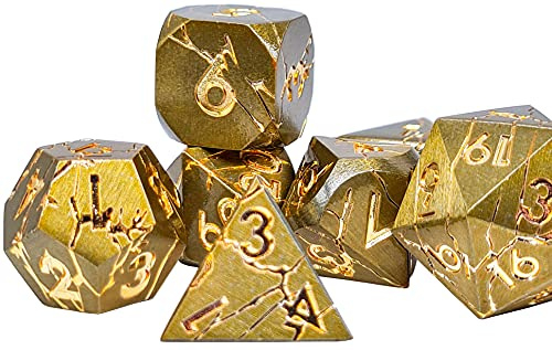 World of Dice Meteor-Serie - Pen and Paper Würfelset Metall, 7-teiliges Set, D4 bis D20, polyedrische Würfel, ideal für D&D, DSA, Cthulhu und mehr (ohne Etui, Darkgold)