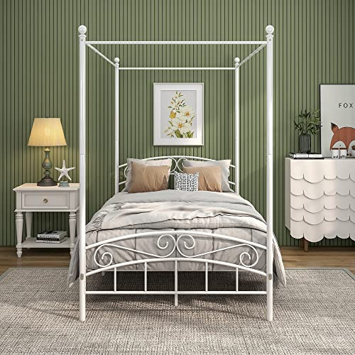 JURMERRY Struttura per letto a baldacchino con testiera e pediera, in acciaio resistente, si adatta perfettamente al tuo materasso, facile da assemblare fai da te, (texture bianca)
