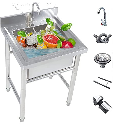 Psfghvz Fregadero de Cocina 1 Seno, Industrial de 304 Acero Inoxidable con Right Banco de Trabajo, Lavadero Independiente con Grifo Patas Escurridor para Interior Exterior,Limpieza Fácil, 70cm/27.5in