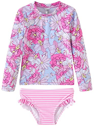 UMELOK Toddler Girls' Rash Guard Set 2-Pieces Long Sleeve Swimsuit Sets Pink, Dahlia 4T