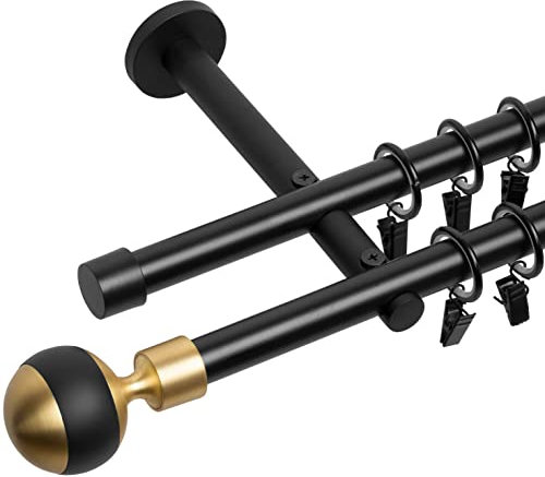 RENA Gardinenstange Vorhangstange 2-läufig - 19 mm - aus Metall - Lautlose Rollen - Komplettset - Schwarz Matt 200cm |Mix