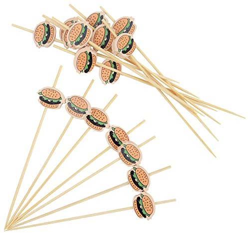 AWCIGG® 100 Palitos de Cóctel, Palillos para Cócteles de Madera con Hamburguesa, Brochetas de Cóctel de 12 cm de Largo, Boda Cumpleaños Navidad Fiesta Comida y Bebida Decoraciones