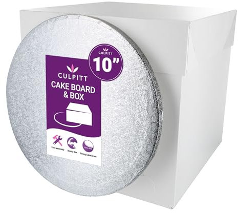 Culpitt 10 Round Silver Cake-Board & Tall White Cake-Box Combo, 10 x 10 x 10 Inch Square Box and Matching Circle Set For Tiered or Decorated Transport