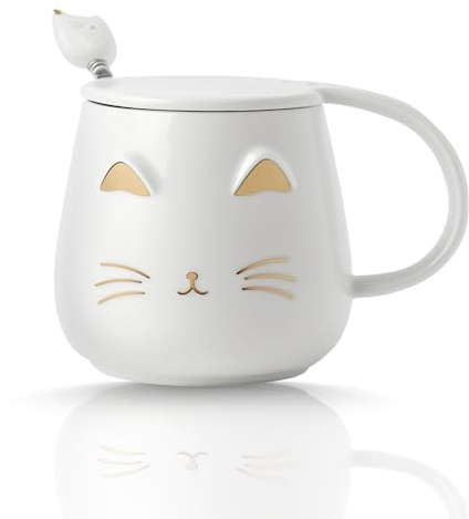 Eidoct Cute Cat Mugs Coffee Mug Set with lid and Lovely Kitty Spoon Novelty Morning Tea Milk Mug Set for Cat Lovers Girls Women Christmas Birthday Gift 450ML/15oz (White)