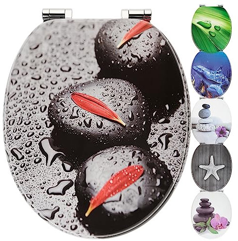 WC Sitz mit Absenkautomatik | Holzkern | stabile Softclose Scharniere | einfache Montage | glatte Oberfläche | tolle Motive zur Auswahl | Holz WC-Deckel universell passend (schwarze Steine)