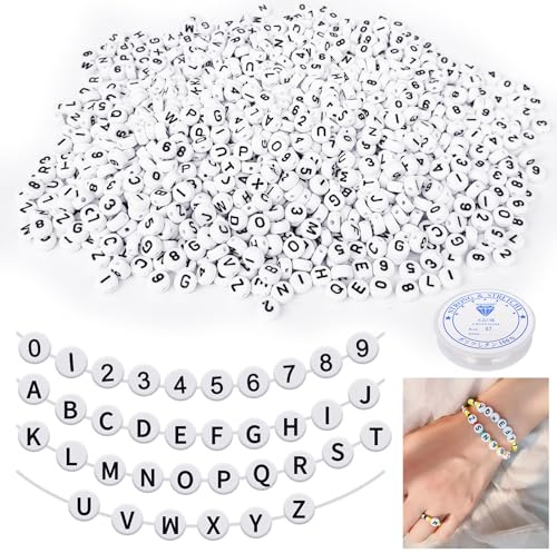 CoKeeSun 1200 Stück Buchstabenperlen und Zahlenperlen, 7mm 0-9 Zahlen Perlen & A-Z Buchstaben Perlen Set, Acryl Rund Perlen für Armbänder mit 1 Rolle Gummifaden, Schmuck Halsketten DIY Crafts