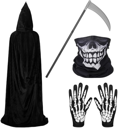 Croknit Halloween Grim Reaper Costume Set with Velvet Hooded Cape Black Skeleton Gloves Skull Face Mask Scythe Prop for Women Men Halloween Death Party Dress up Vampire Cosplay Costume Accessories