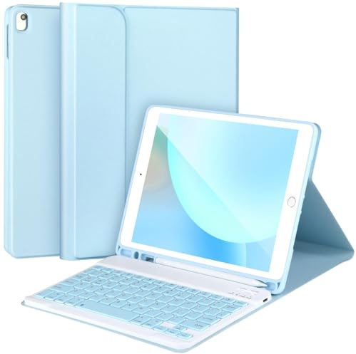 Funda desmontable con teclado Bluetooth para iPad de 10.2 pulgadas a 9ª generación con soporte para lápices, color azul