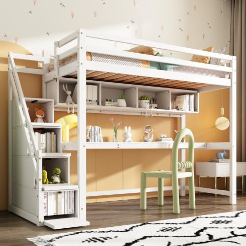 Hochbett mit Bücherregal und Stauraumtreppe für Kinder, Kinderbett mit Schreibtisch, inklusive Lattenrost, 90x200cm, Bettgestell, für Jungen und Mädchen
