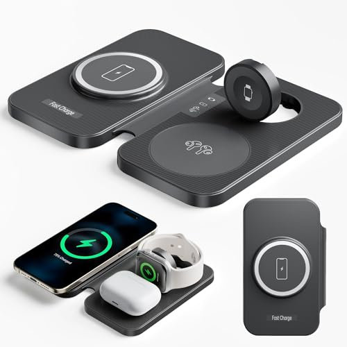 Muigi 3 in 1 Wireless Charging Station, 15W Qi Fast Foldable Magnetic Charger Stand Dock for iPhone 15 14 13 12 11 Pro Max (Without adapter)
