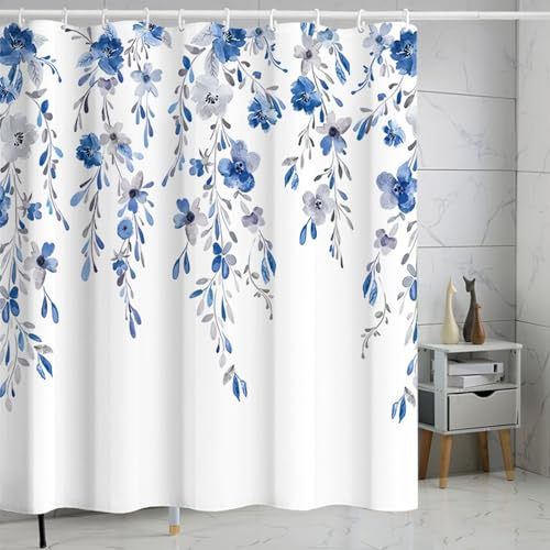 FAIRYGATE Bath Curtains Blue Flower Shower Curtain Sage Green Leaves Eucalyptus Leaves Plant Flower Blooming Shower Curtains with Hook Waterproof Bathtub Curtain B9405