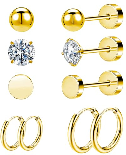 5 Paar Titan Ohrringe Damen 14K Gold Ohrstecker Chirurgenstahl Goldene Medizinische Spiralpiercing für Mehrere Ohrlöcher Hypoallergen