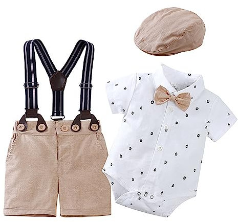 Huttam Ensemble Bebe garçon Naissance 0-24 Mois ete Costume Gentleman garçon Mariage Ceremonie Body Manche Courte Bebe Garcon Shorts et Bermudas garçon avec Bretelles et Casquette (Khaki, 9-12 Mois)