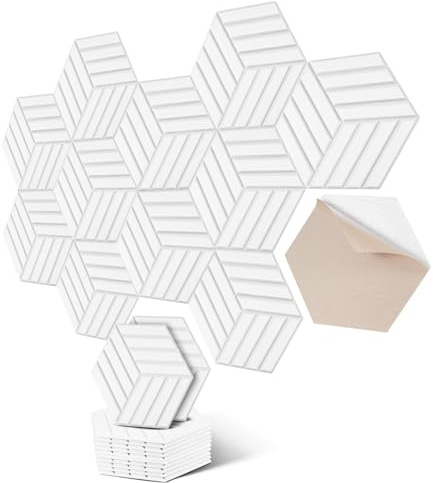 Hexagon Akustikplatten selbstklebend - Schallabsorber für Wand & Decke - 30x26x0.9cm, 12er Pack, weiß - Perfekt für Wohnräume, KTVs, Musikzimmer & Büros. (Weiß Streifen-Hexagon)