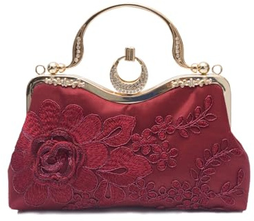 CORIOS Borsetta da Sera da Donna Clutch in Ricami Floreali Borsa Sposa Pochette Piccolo con Catena Elegante Borsa a Spalla Gorgeous Cerimonia Cocktail Ballo Festa Borsa a Tracolla Rosso Vino