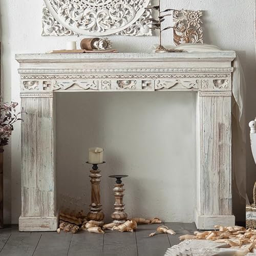 TT-YEC Home Vintage Fireplace Console, Wood Fireplace Surround Storage Cabinet, Decorative Fireplace Casing, Freestanding Mantel with Carved Floral Decoration,C