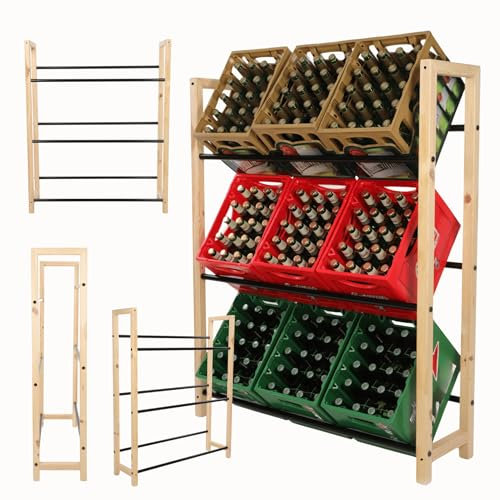 MODO24 Getränkekistenregal RSO Holz und Metall, Stabil, Kistenregal für 9 Kisten, Getränkeregal, Kistenständer, Freistehend, Kistenhalter, Kellerregal, Lagerregal, 137,5x32x111,5 cm, Natur/Schwarz
