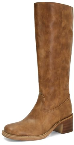 ZJGZF Womens Dark Brown Knee High Boots Square Toe Chunky Block Heel Riding Motorcycle Biker Boots Wide Calf Long Tall Campus Boots Comfortable Camel
