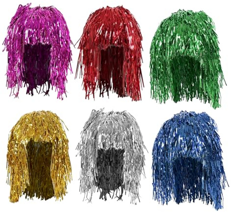 CHUNLINLAODA - 6 Stück Metallfolie Lametta Perücke - Rot, Silber, Gold, Grün, Rosé, Blau - 38 cm x 14 cm x 2 cm - Unisex - Lockig - Poliert - WIG - Für Themenpartys, Kostüme, Karneval, Familienfeiern