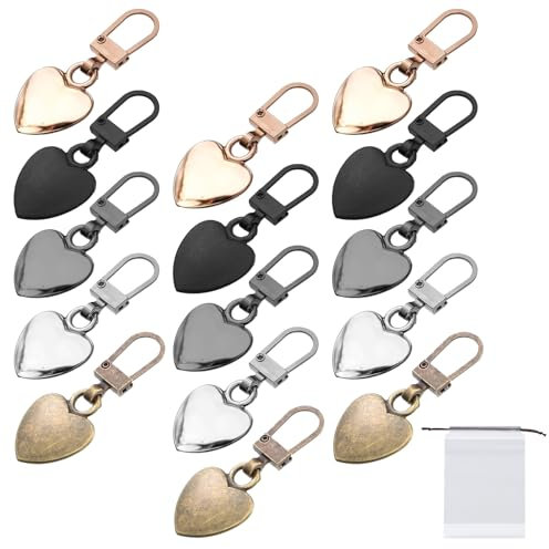 15 Stück Reißverschluss Zipper,Herzförmige Reissverschluss Zipper,Abnehmbarer Reißverschluss Anhänger,für Kleidung Jacken Tasche Zelte Gepäck Koffer Rucksack,mit 1 Taschen mit Kordelzug