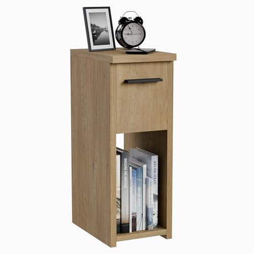 ComfortCove Nachttisch, Nachtschrank, B20 x H55 x T30,5 cm, Eiche | Nachtkästchen, Schmaler Nachttisch, Schlanker Beistelltisch mit Ablagefach und Griff