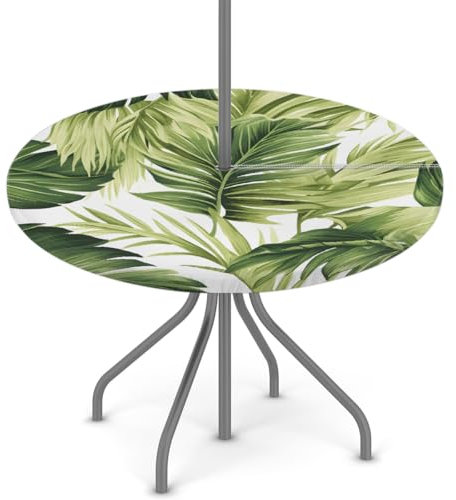 Woltant Tovaglia rotonda con foro per ombrellone e cerniera, facile da pulire, con bordi elastici, protezione per tavolo da esterno, per giardino, patio, barbecue (foglie verdi tropicali)