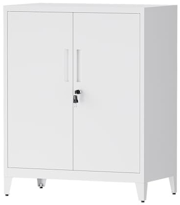 LVSTEEL Armadio Multifunzionale con Serratura, Armadietto 2 Ante, Armadio Ufficio, Dotato di 2 Ripiani Regolabili in Altezza, Bianco, 100×80×40 cm