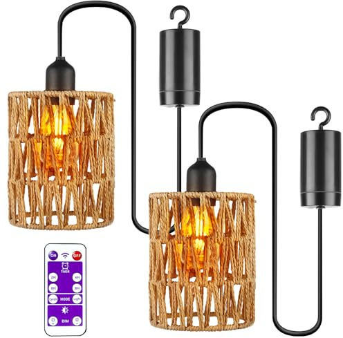 2 Stück Hängelampe mit Batterie, Batteriebetriebene Lampe mit Fernbedienung, Pendelleuchte ohne Stromanschluss, Rattan lampe, Boho lampe für Patio, Garten, Wohnzimmer, Schlafzimmer