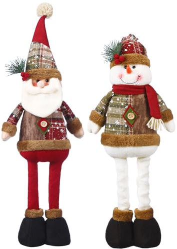 Outus 2 Pcs Large Size Stretchy Christmas Standing Figurine Standing Santa & Snowman Figure with Pine Branches Christmas Ornament Home Decorations Cute Xmas Gift