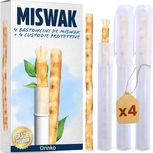 ORINKO® Siwak Naturale x4 con Custodia x4 - Spazzolino Ecologico per Denti - Miswak Africano per Pulizia, Sbiancamento e Igiene Orale - Bastoncini di Araak come Alternativa Sostenibile