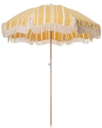 GFYHTN Ombrellone da Spiaggia con Frange 2m, Palo in Legno di faggio con Tilt inclinabile, Ombrello Pieghevole da Patio per Giardino Prato Piscina(Yellow Stripe)