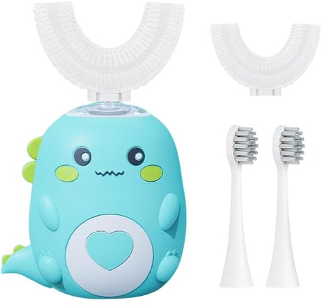 Hojalis Kids Electric Toothbrush, 360° Ultrasonic Toothbrush with 2 U-Shaped Silicone Brush Heads & 2 Straight Brush Heads, 3 Speeds & IPX7 Waterproof, Dinosaur Toothbrushes for Kids Age 2-12 (Green)