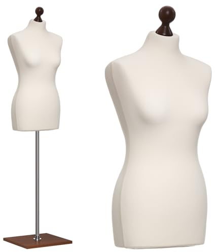 DummyDoll Schneiderpuppe weiblich Größe 38/40, Überzug Creme/Ecru, Fuß Holzplatte + Holzknauf Nuss