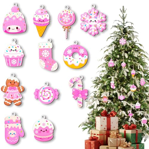 12 Adornos navideños Rosas para árbol de Navidad, Dulces, miniárboles, Aptos para Usar en casa o en Lugares públicos