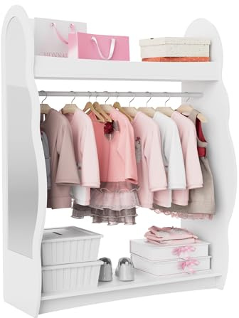 KEEPREAPER Kleiderständer Kinder Garderobenständer mit Ablagen, Spiegel und Haken Kleiderstange Garderobe aus Holz 81 x 28 x 106,5 cm (Wolken, Weiß)