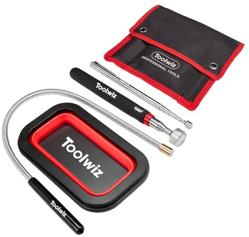 Toolwiz 4 Piece Magnetic Pickup Retrieval Tool Set with Parts Tray