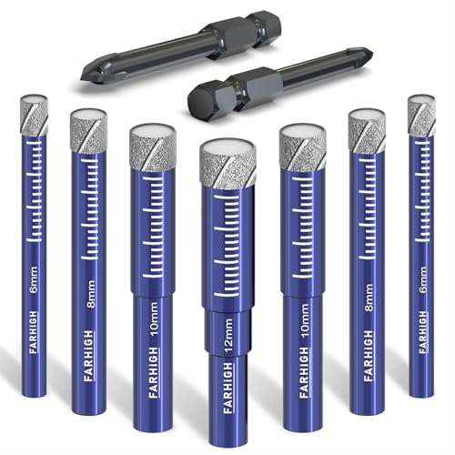 Farhigh Diamantbohrer Fliesenbohrer Glasbohrer Set 9 tlg. 6, 8, 10, 12mm & 6mm Hartmetallbohrer für Keramik, Porzellan, Fliesen, Glas, Granit, Stein, Mauerwerk, Beton, Feinsteinzeug