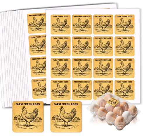 GOMAKERER 320 Pcs Farm Fresh Eggs Carton Labels, 2 Inch Square Vintage Kraft Paper Style Unwashed Eggs Labels Self-Adhesive Egg Packaging Stickers for Chicken Egg Box Container Farm Supplies