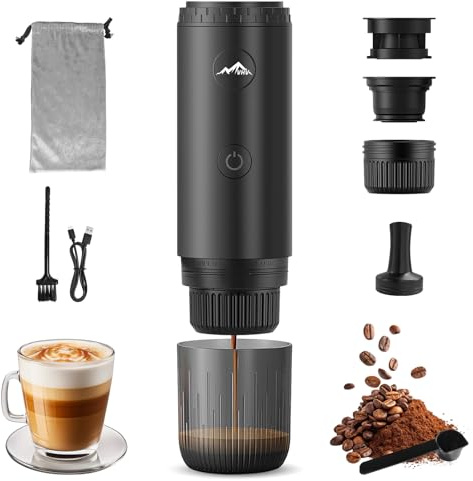 VHV Máquina de café portátil, cafetera portátil 3 en 1, compatible con cápsulas de café expreso y polvo de café, recargable para viajes, camping, coche, casa (Negro)