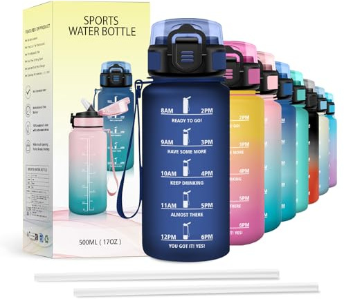 JAPORIA Botella 500ml, Cantimplora Motivadora Marcador Tiempo con Pajita, Antiderrame, Ligera, Reutilizable, para Oficina, Yoga, Gimnasio