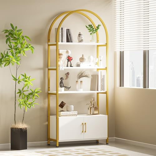 Goldene Bücherregal, Bücherregal Mit Türen, Modernes Bücherregal Wohnzimmer, 4-Stufiges Offenes Regal, Robustes Metallgestell, Bücherregal Mit Bogenform, 71,5 Zoll Hohes Regal, Buchständer Aufbewahrun