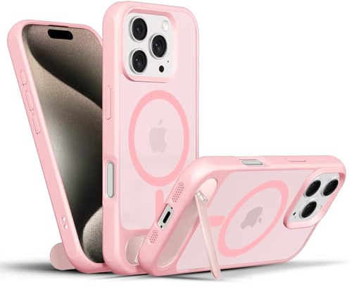 Olgary Cover Magnetica per iPhone 15 Pro Max con Cavalletto [Supporto integrato] Custodia Traslucida Sottile Opaca Protezione Antiurto di Livello Militare Case per iPhone 15 Pro Max 6,7, Rosa